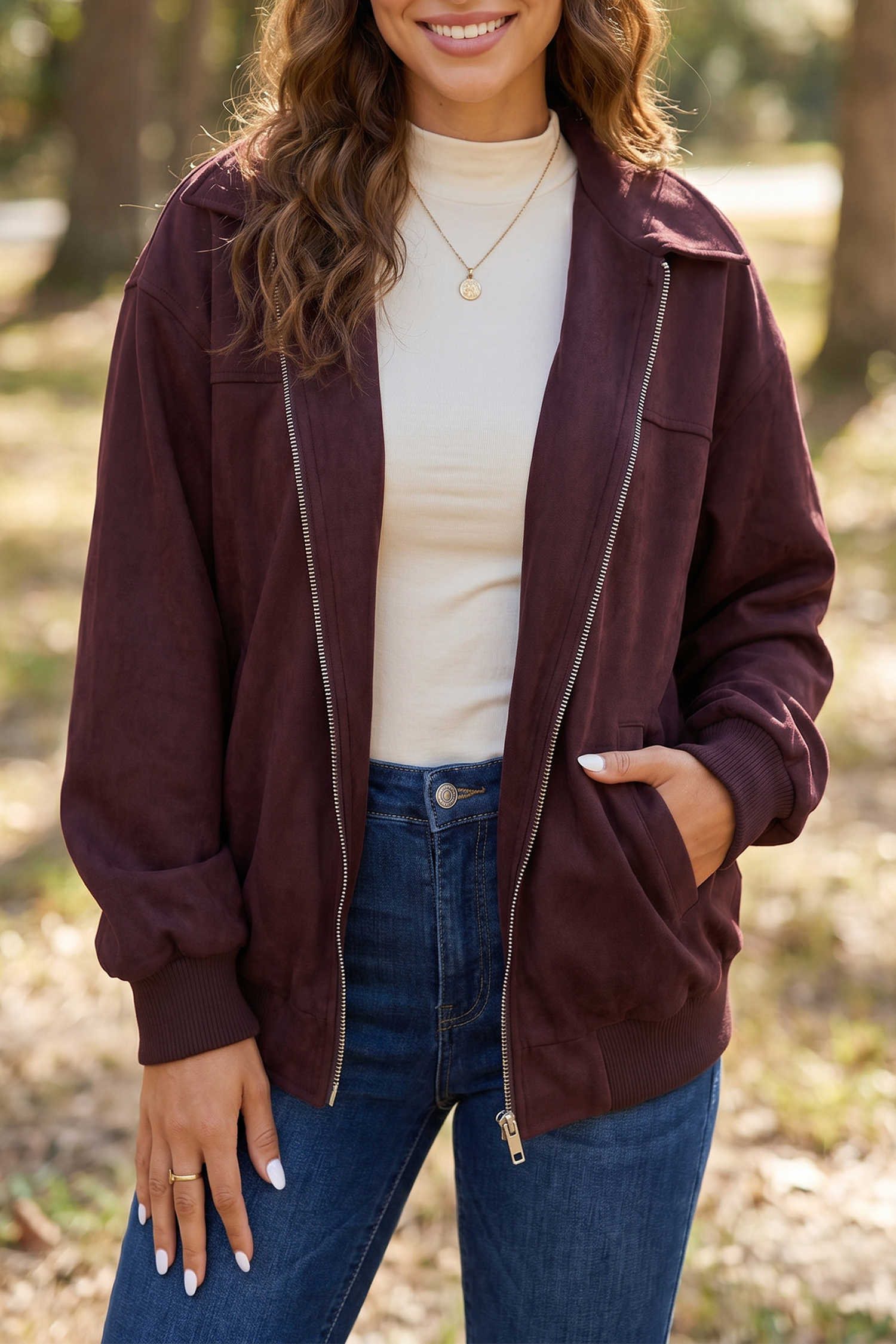 Chicory Coffee Solid Zip-up Metal Placket Collar Long Sleeve Jacket
