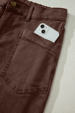 Coffee Solid Color Square Patch Pocket Ankle-length Barrel Jeans