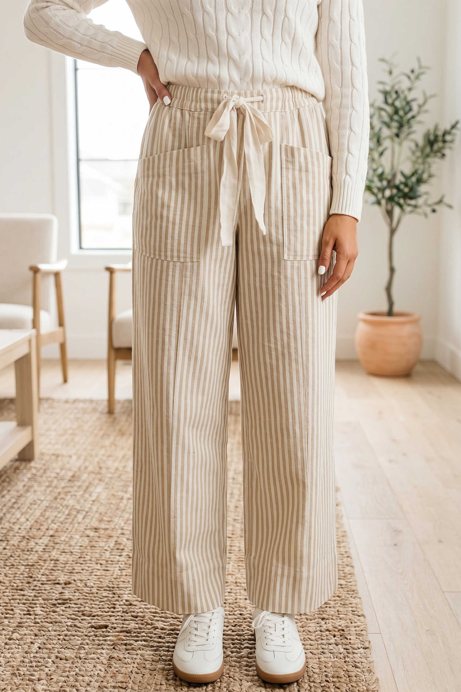 Apricot Stripe Ribbon Drawstring Waist Full-Length Shift Pant