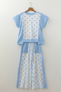 Sky Blue Color Block Patchwork Polka Dot Wide Leg Pant Set