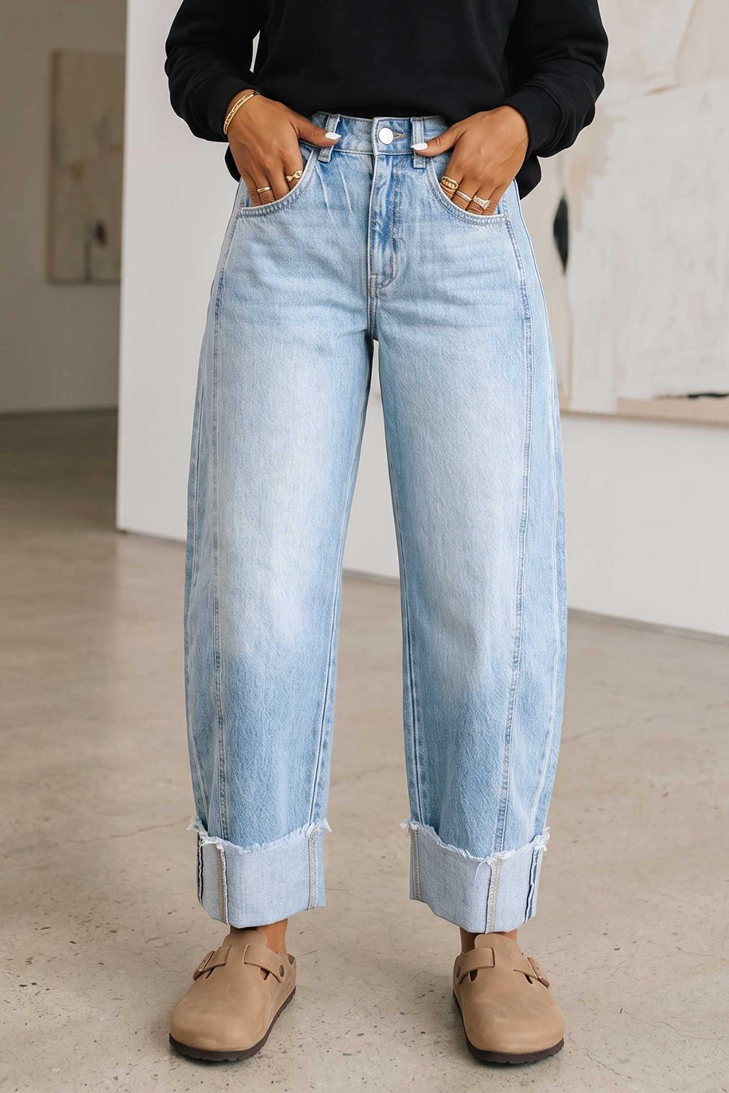 Myosotis Raw Hem Turnup Loose Ankle-length Jeans