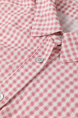 Pink Plaid Half Sleeve Ruffle Hem Button Down Shirt