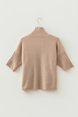 Beige Ribbed Trim High Neck Short Sleeve Casual Sweater