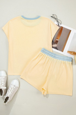 Yellow Cream Ribbed Knit Pumpkin Sequin Patch Graphic Short 2pcs Set