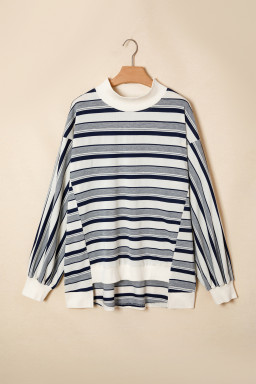 Blue Stripe Striped Ribbed Stand Neck Long Sleeve Shift Silhouette Sweatshirt