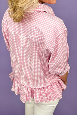 Pink Plaid Half Sleeve Ruffle Hem Button Down Shirt
