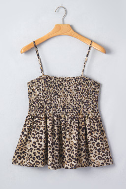 Multicolour Leopard Spaghetti Straps Shirred Ruffle Tank Top