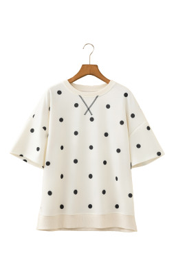 Beige Polka Dot Print Crossed Seam Detail Oversize Tee