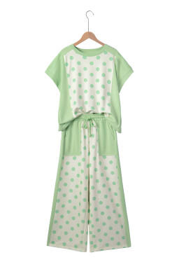 Green Color Block Patchwork Polka Dot Wide Leg Pant Set