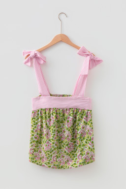 Green Floral Printed Knot Straps Babydoll Tank Top