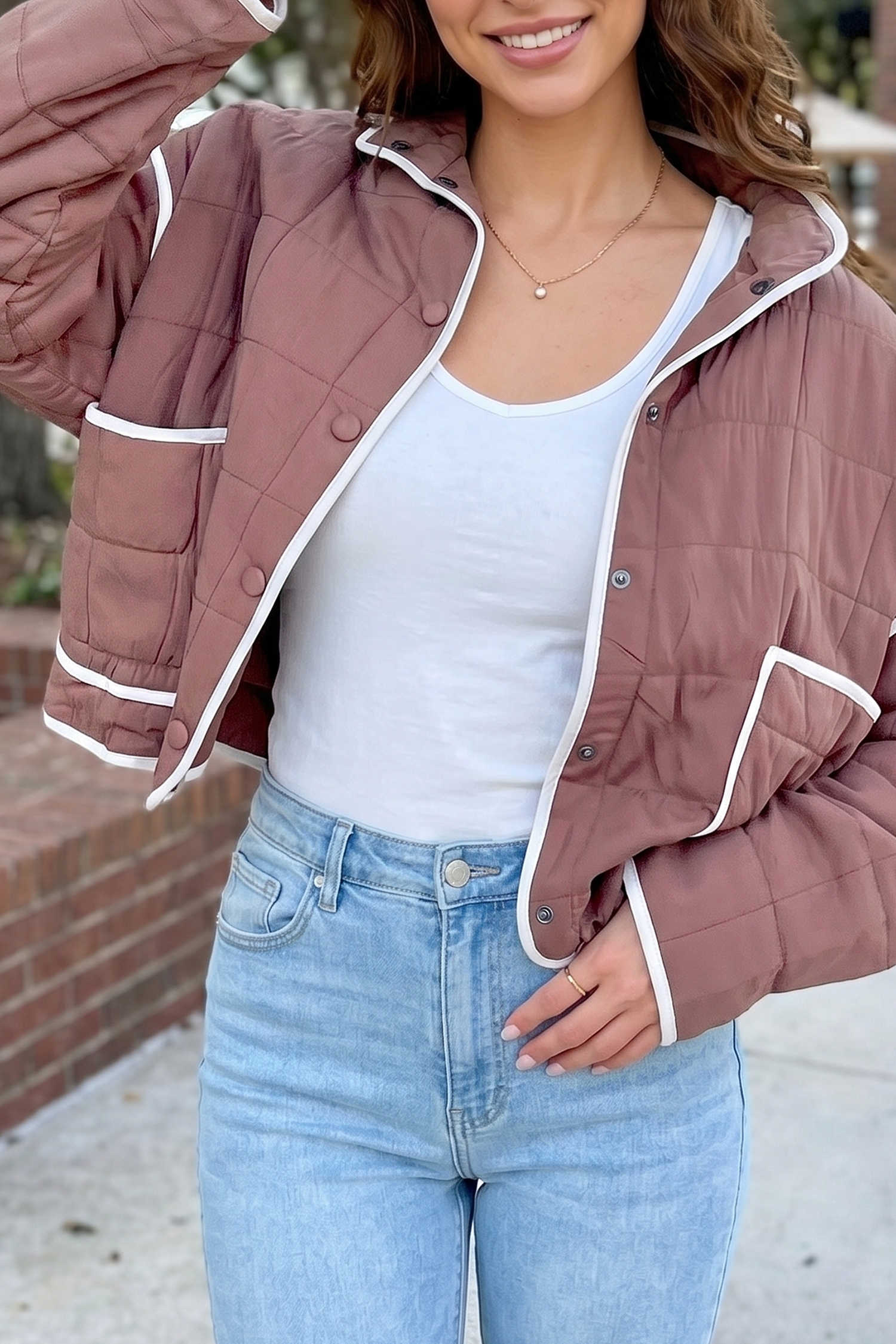 Old Rose Quilted Metal Button Pocket Jacket
