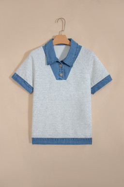 Light Grey Denim Contrast Collar Cuffed Short Sleeve Top