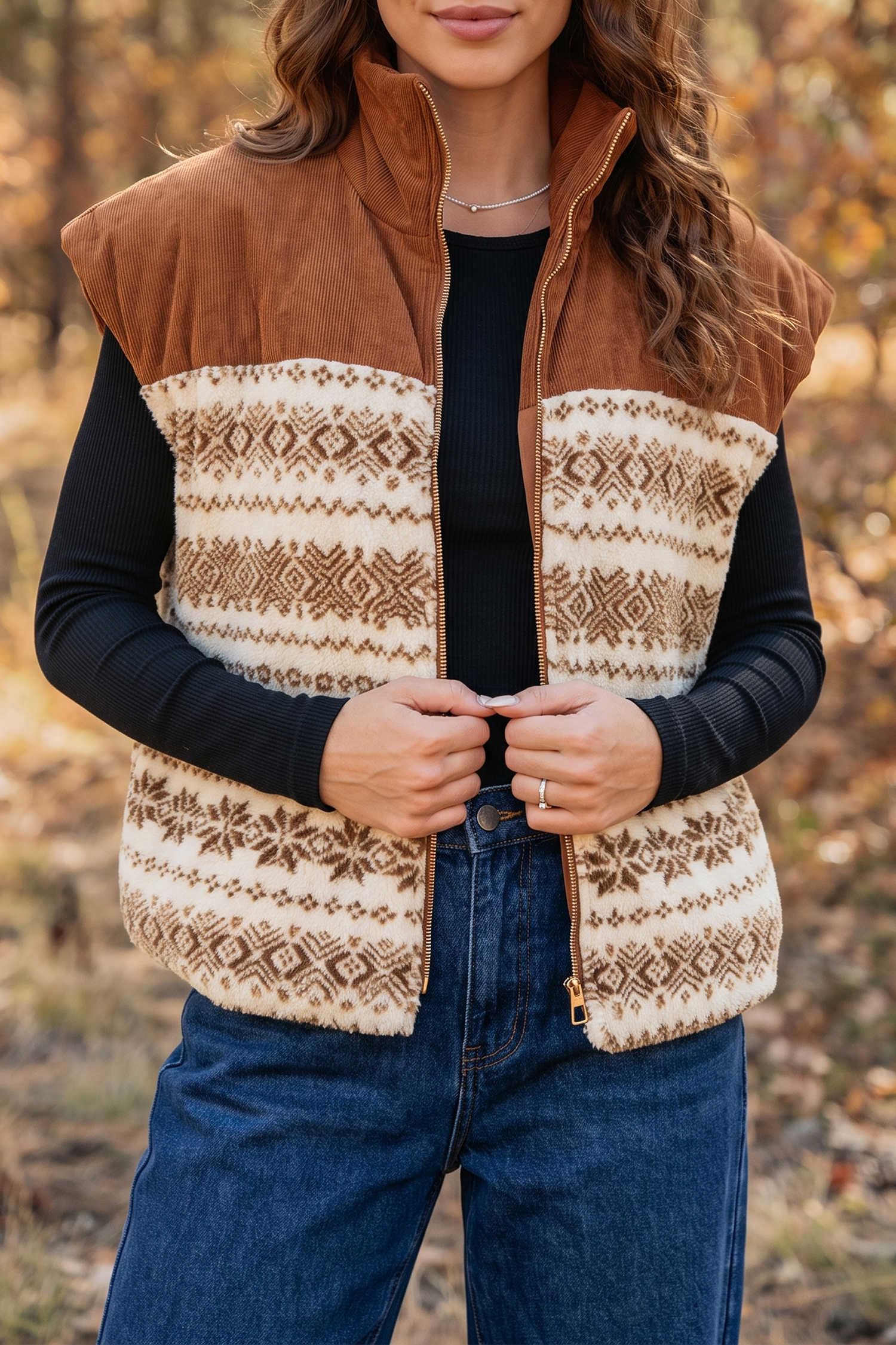 Brown Geometric Print Fleece Metal Zipper Collar Patchwork Design Vest