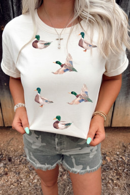 White Greenhead Duck Pattern Short Sleeve Round Neck T-Shirt