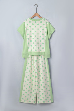 Green Color Block Patchwork Polka Dot Wide Leg Pant Set