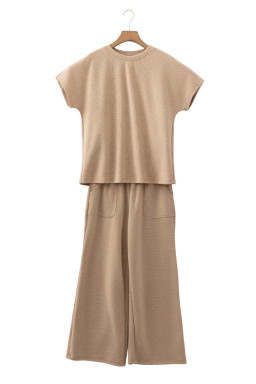 Light French Beige Solid Color Short Sleeve Ribbed Top Casual Pants 2pcs Set