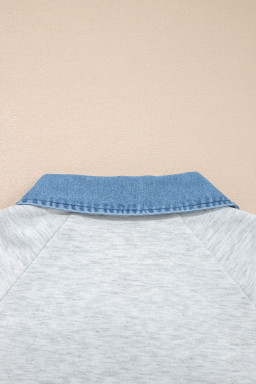 Light Grey Denim Contrast Collar Cuffed Short Sleeve Top