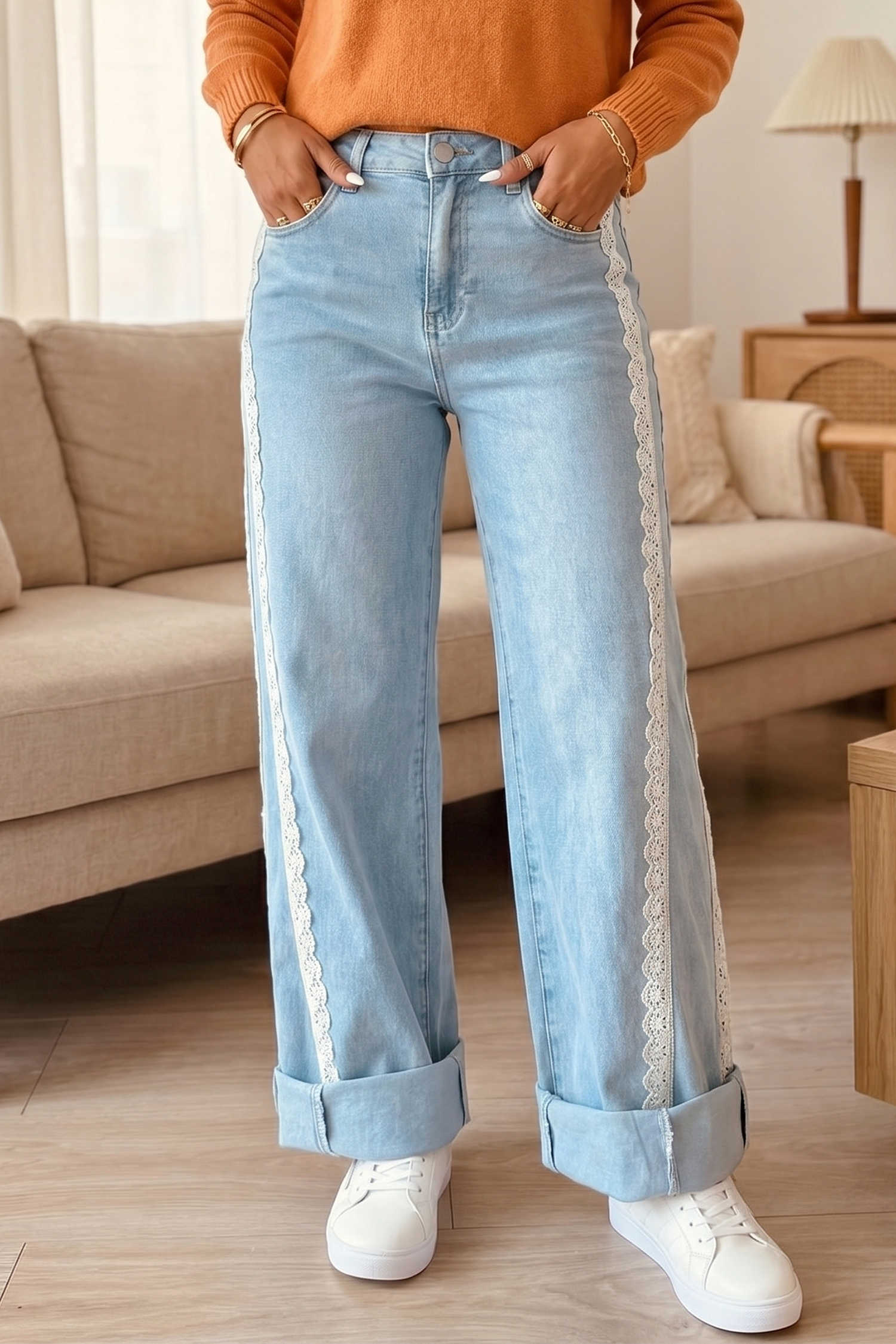Beau Blue Lace Trim Casual Full-Length Regular Fit Jeans