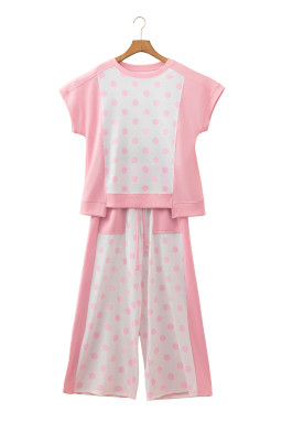 Pink Color Block Patchwork Polka Dot Wide Leg Pant Set