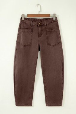 Coffee Solid Color Square Patch Pocket Ankle-length Barrel Jeans
