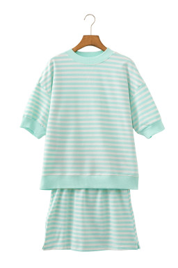 Green Stripe Ribbed Color Block Trim Half Sleeve Top Mini Skort 2pcs Outfit
