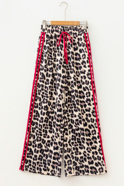 Red Contrast Detail Tie Waist Leopard Print Casual Pants
