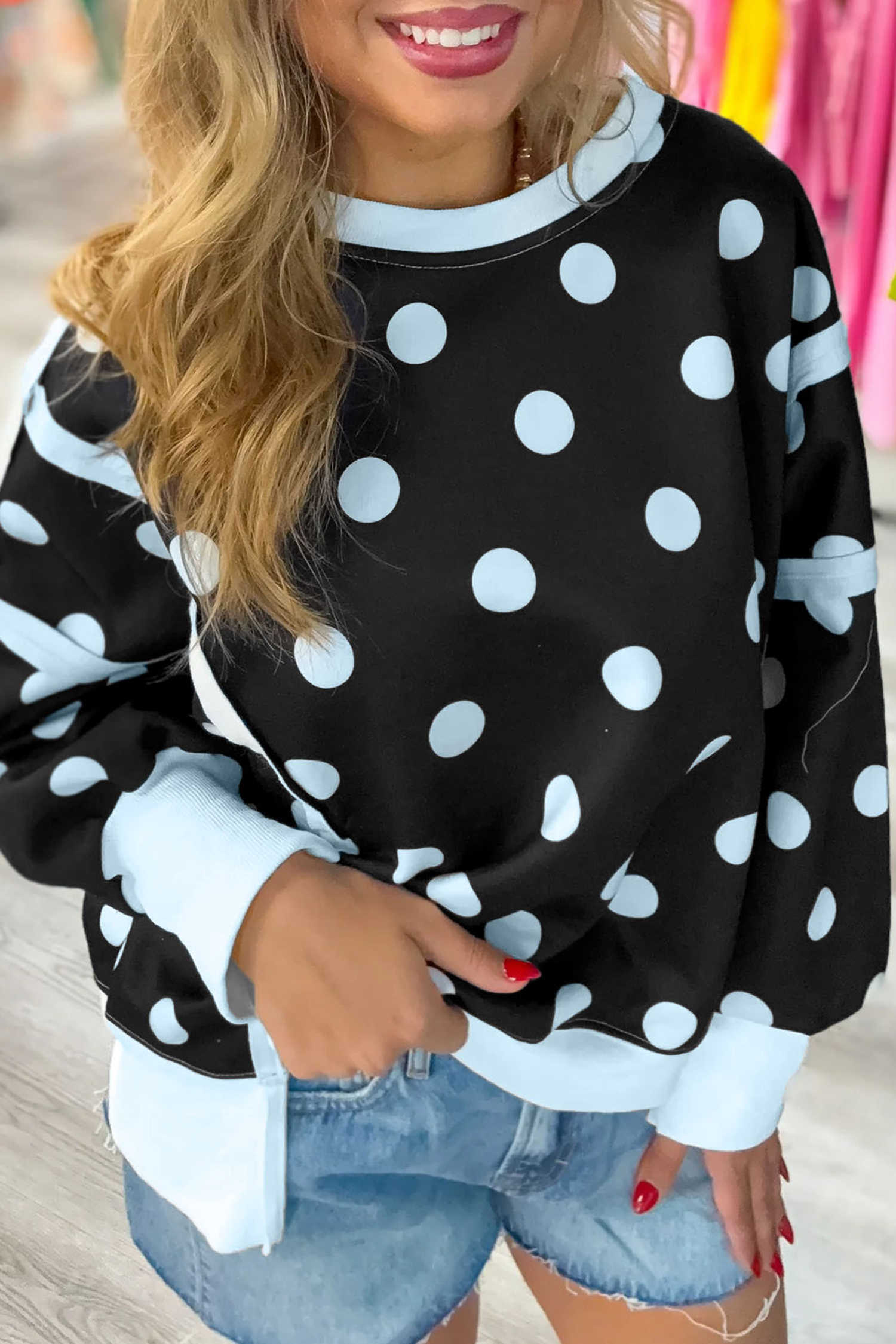 Black Polka Dot Contrast Patchwork Round Neck Baggy Sweatshirt