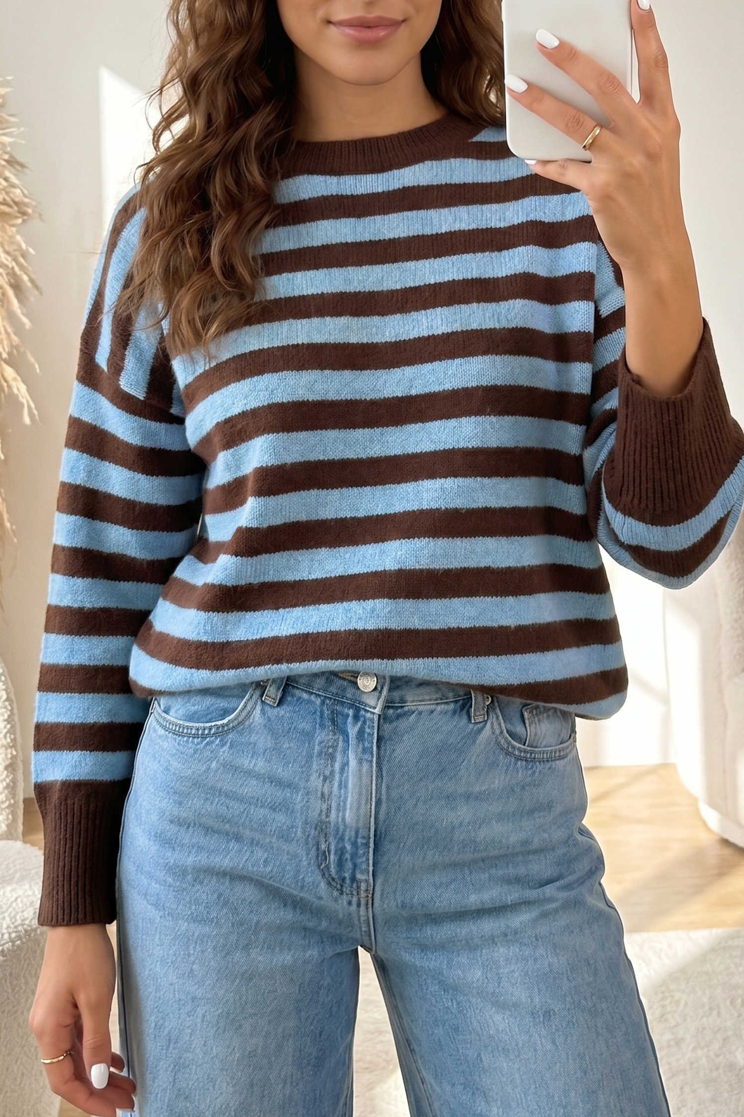 Brown Stripe Color Block Loose Crew Neck Cuffed Sweater