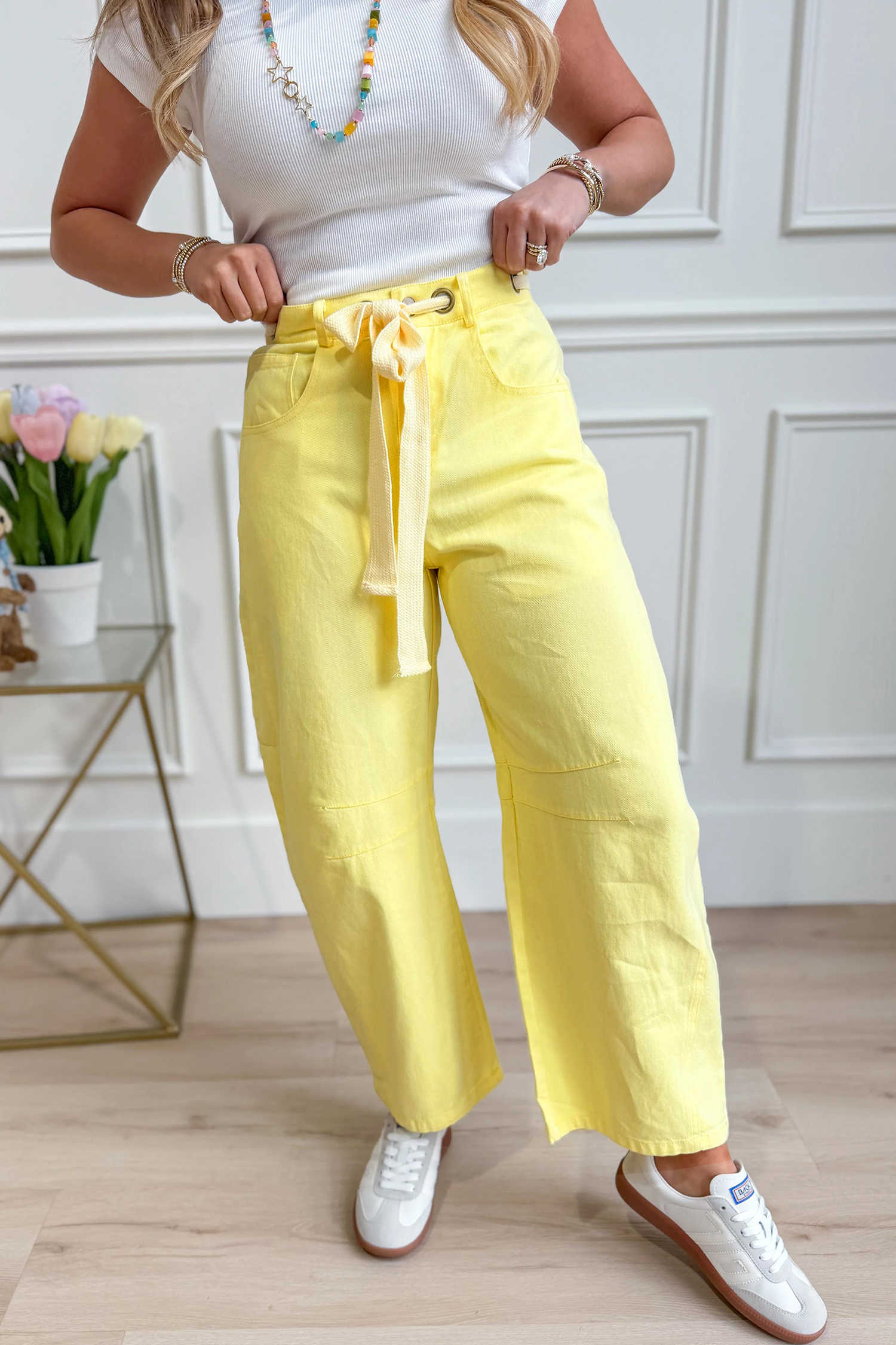 Yellow Solid Color Grommet Detail Knot Waist Barrel Jeans