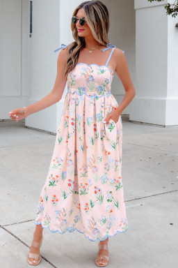 Pink Floral Print Contrast Trim Self-tie Straps High Waist Midi Dress