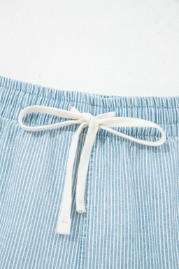 Sky Blue Stripe Plus Size Contrast Drawstring Elastic Waist Denim Shorts