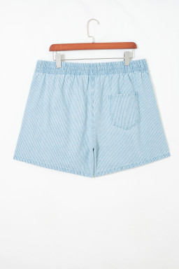 Sky Blue Stripe Plus Size Contrast Drawstring Elastic Waist Denim Shorts