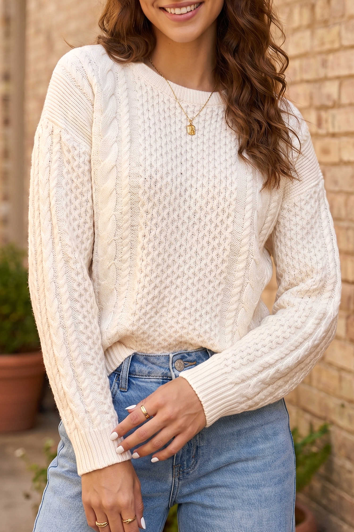 Beige Solid Color Cable Detail Knit Loose Round Neck Sweater