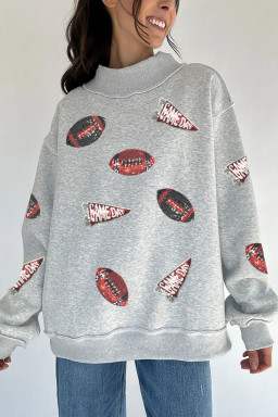 Light Grey Sequin Rugby Game Day High Neck Baggy Sweatshirt