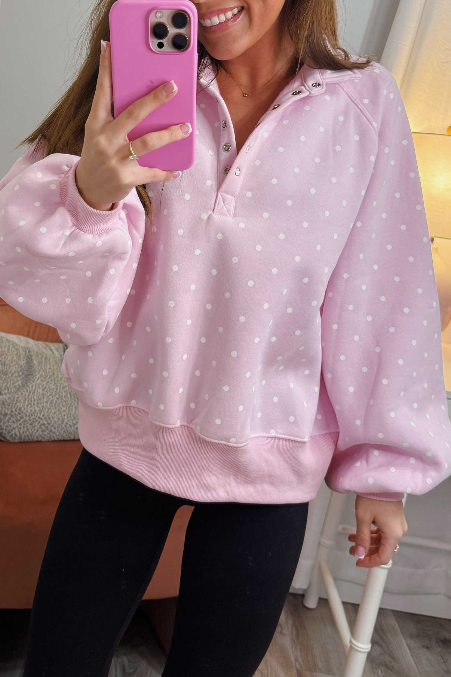 Pink Polka Dot Print Metal Button Collar Casual Pullover Sweatshirt