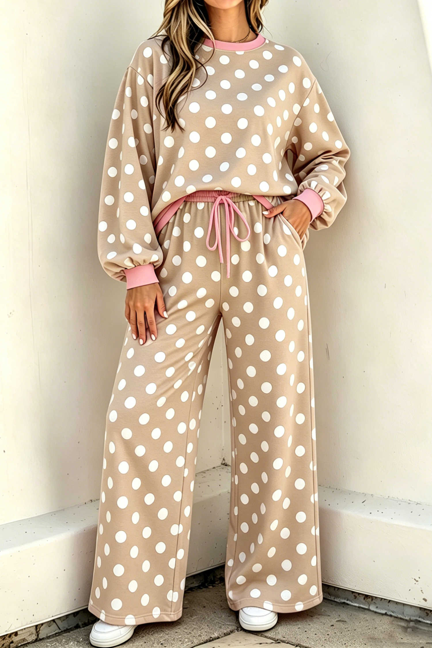 Khaki Polka Dot Contrast Trim Long Sleeve Top Drawstring Shift Pants Set