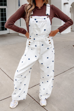 Jet Stream Polka Dot Print Bib Pocket Denim Barrel Overalls Jumpsuit