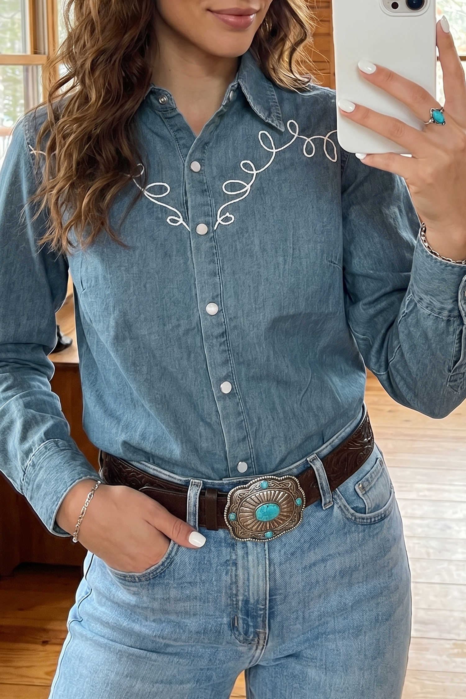 Dusk Blue Western Embroidered Collar Long Sleeve Shift Denim Jacket