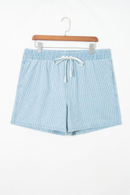 Sky Blue Stripe Plus Size Contrast Drawstring Elastic Waist Denim Shorts
