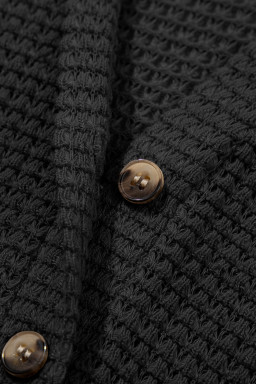 Black Button Notched Neck Waffle Knit Long Sleeve Top