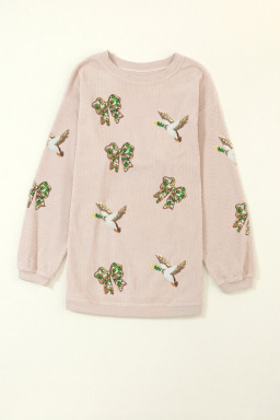 Apricot Twisted Rib Sequin Patched Mallard Bow Pattern Oversized Sweatshirt