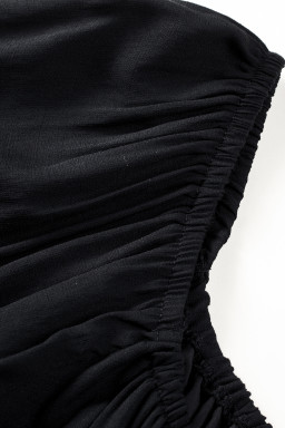 Black Solid Color Long Sleeve Shirred Drawstring Ruffle Mini Dress