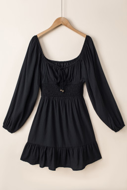 Black Solid Color Long Sleeve Shirred Drawstring Ruffle Mini Dress