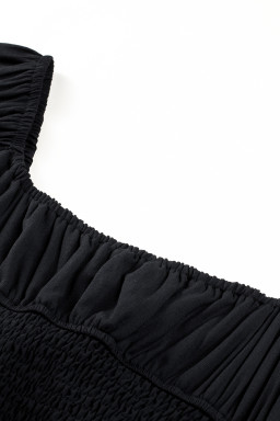 Black Solid Color Long Sleeve Shirred Drawstring Ruffle Mini Dress
