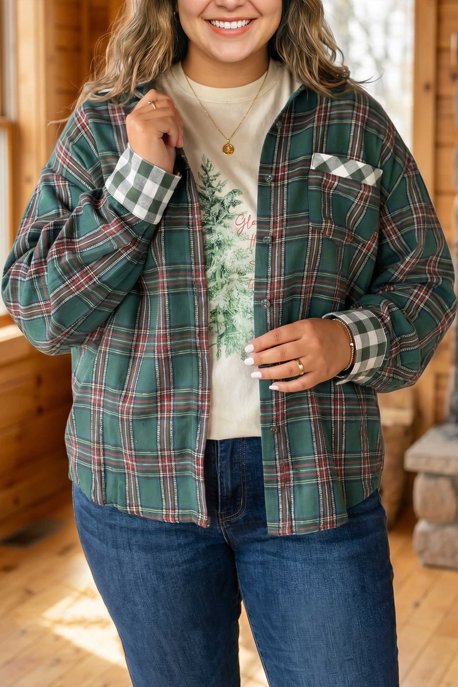 Green Plaid Long Sleeve Shift Plus Size Shirt