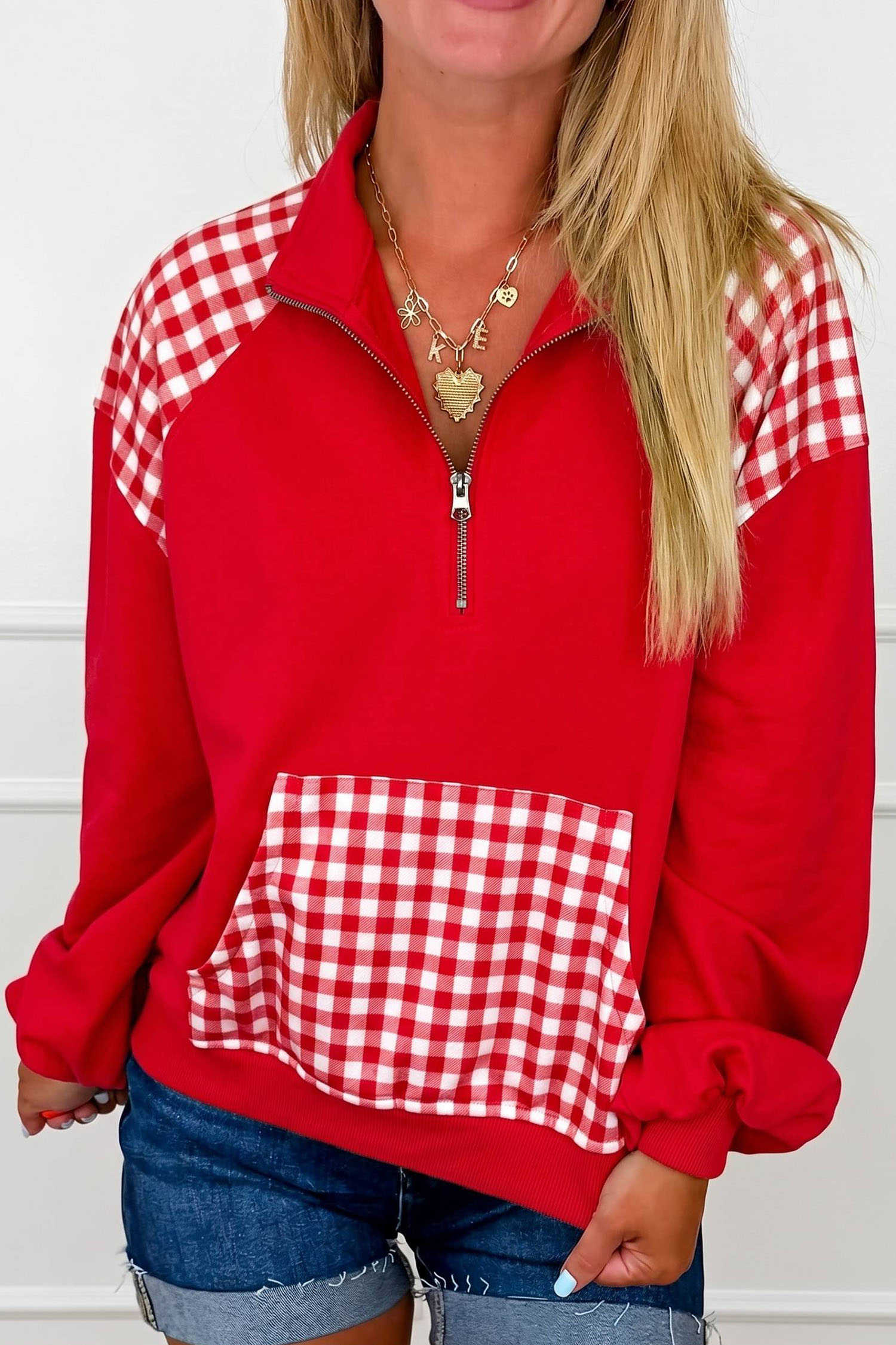 Racing Red Patchwork Plaid Pocket Quarter Zip Sweatshirt