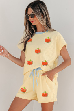 Yellow Cream Soft Ribbed Pumpkin Patch Graphic Relaxed 2pcs Short Set