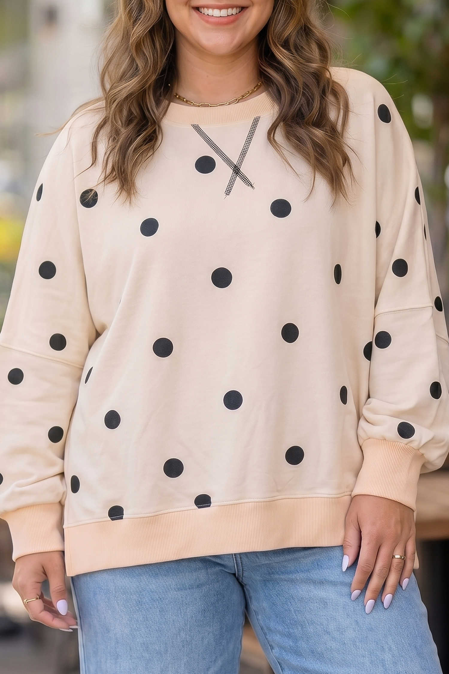 Beige Round Neck Long Sleeve Polka Dot Plus Size Top