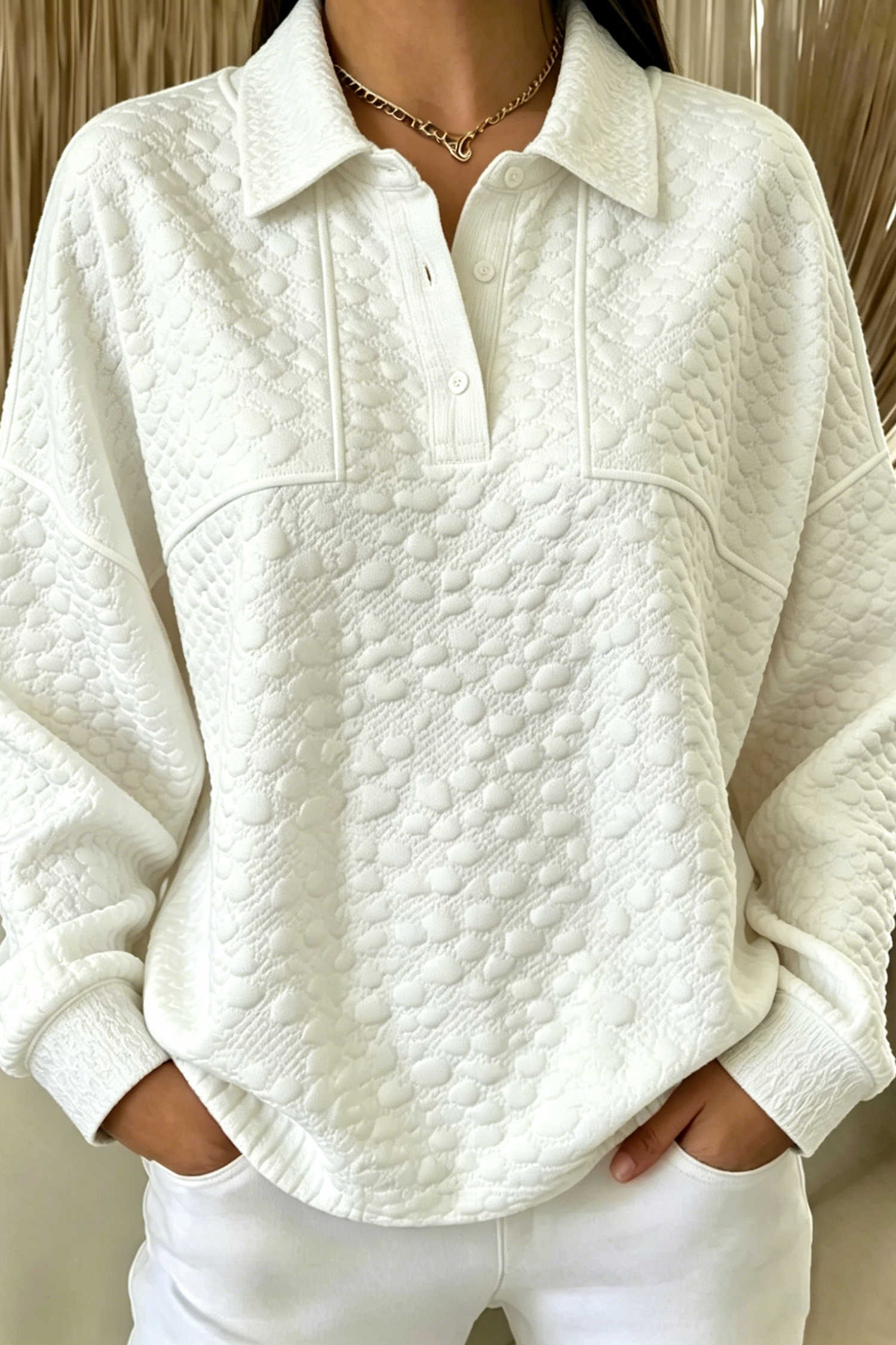White Solid Color Textured Relaxed Button Collar Pullover Sweatshirt