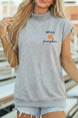 Light Grey HELLO Pumpkin Embroidered Graphic High Neck Cap Sleeve Top